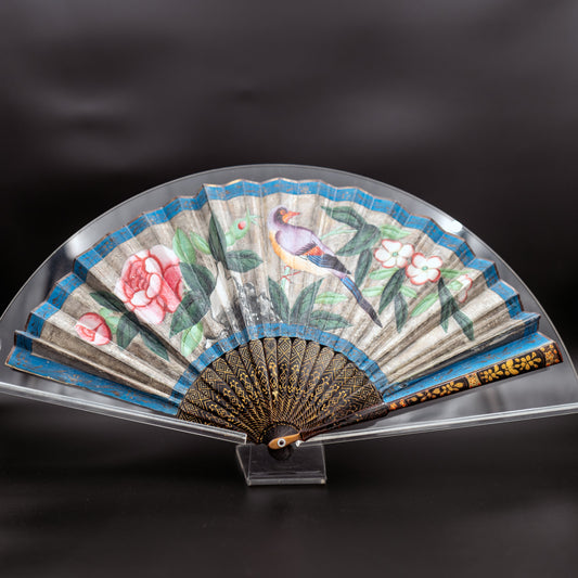 Mandarin Fan with Gilded Lacquer Sticks and Painted Silk Appliqué