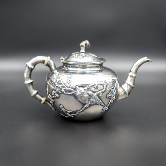 Vintage 1930s Chinese Silver Tea Set with Bamboo Handles and Floral Motifs | Set of 3