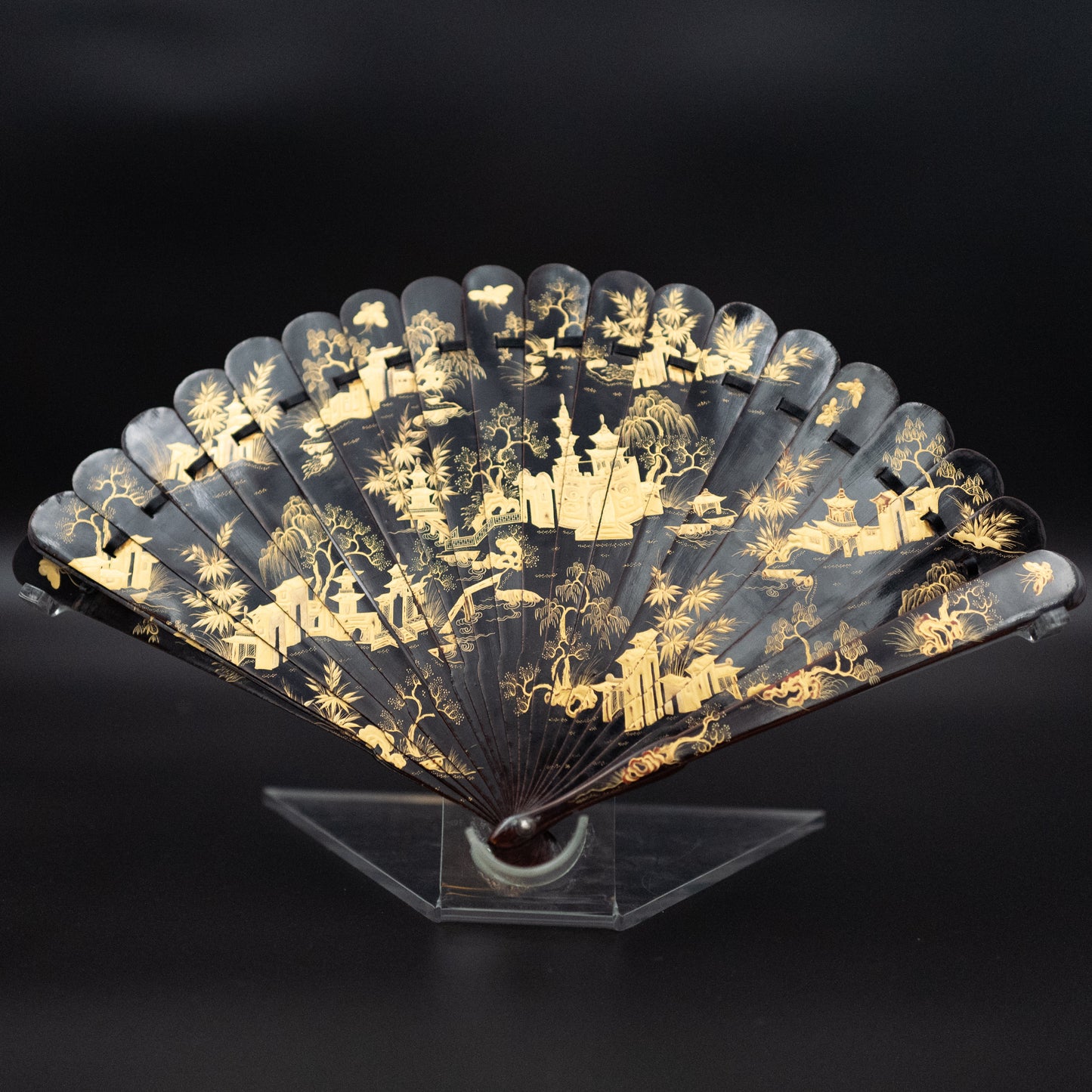 Antique 1870s Chinese Export Lacquer Brise Fan with Gilded Scenic Design