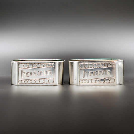 Vintage Mid-20th Century Art Deco French Silver-Plated Napkin Rings | "Monsieur" and "Madame" | Set of 2