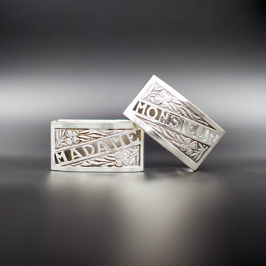Elegant Vintage Art Deco Silverplated Napkin Rings | "Monsieur" & "Madame" | Set of 2