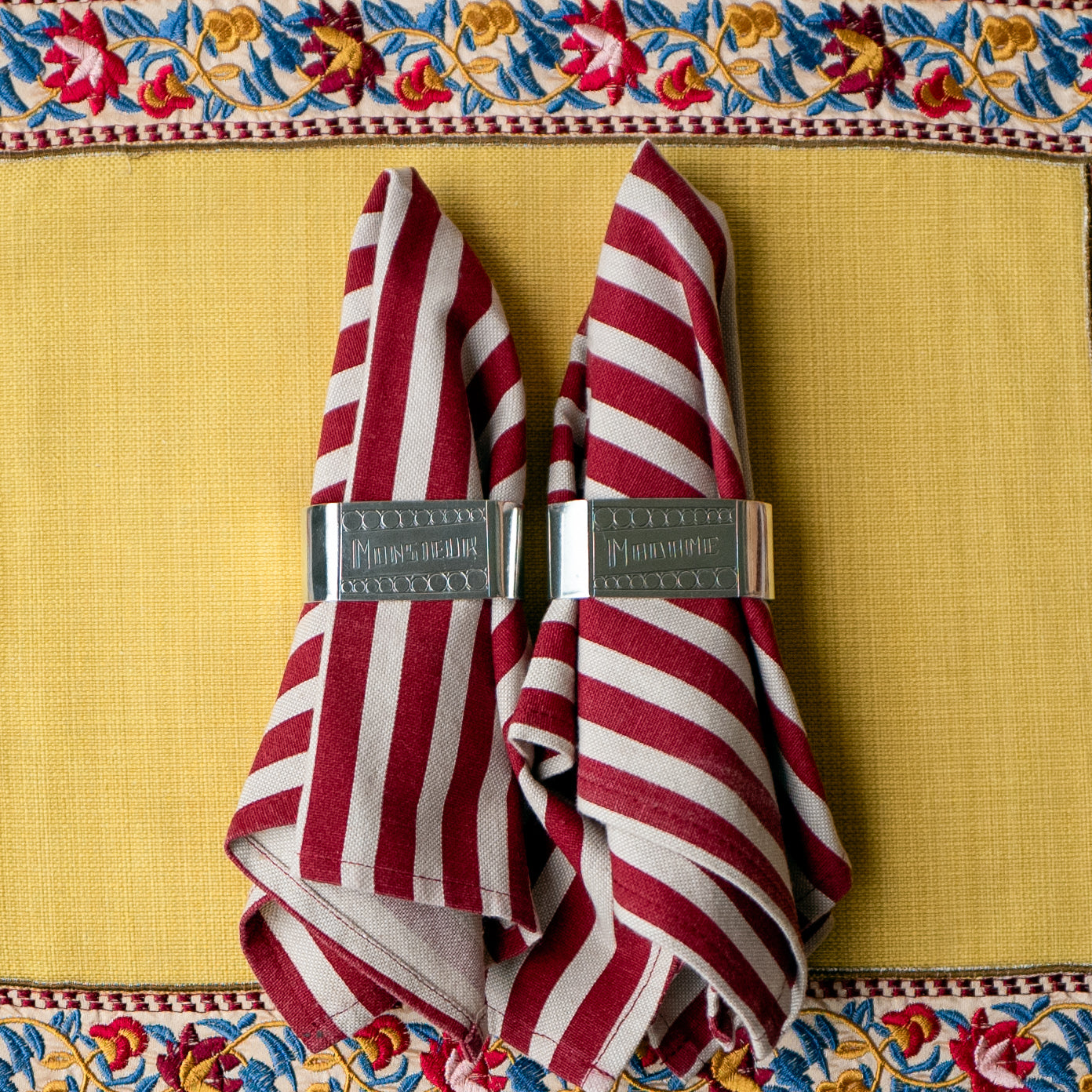 Vintage Mid-20th Century Art Deco French Silver-Plated Napkin Rings | "Monsieur" and "Madame" | Set of 2