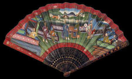 Exquisite Mandarin Fan with Gilded Lacquer Sticks and Painted Silk Appliqué