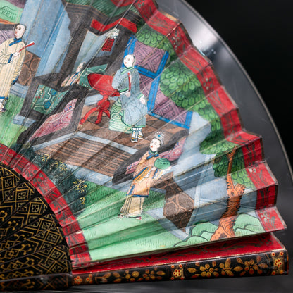 Mandarin Fan with Gilded Lacquer Sticks and Painted Silk Appliqué