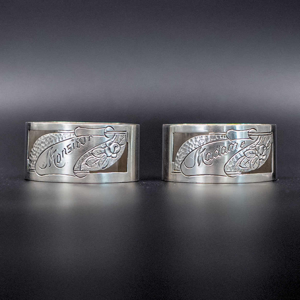 Elegant Vintage Mid-20th Century Art Deco Silver-Plated Napkin Rings | "Monsieur" and "Madame" | Set of 2
