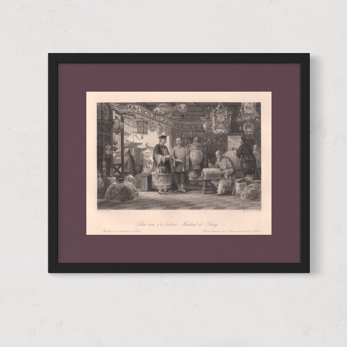 Antique 1840s Steel Engraving | Show-Room of a Lantern Merchant at Peking | Thomas Allom
