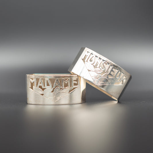 Vintage Mid-20th Century Art Deco Silver-Plated Napkin Rings | “Monsieur” & “Madame” | Set of 2