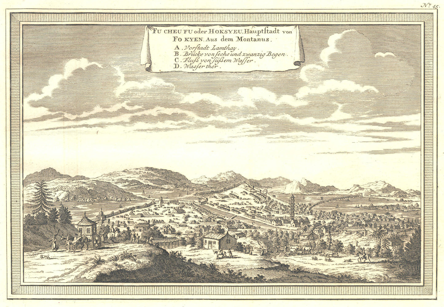 Antique 1740s Copperplate Engraving | Fu Cheu Fu oder Hoskyeu, Hauptltadt von
Fo Kyen | Jacob van der Schley after Johan Nieuhof