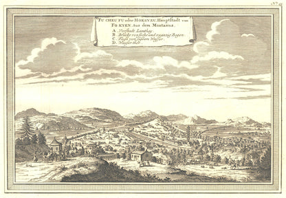 Antique 1740s Copperplate Engraving | Fu Cheu Fu oder Hoskyeu, Hauptltadt von
Fo Kyen | Jacob van der Schley after Johan Nieuhof