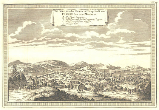 Antique 1740s Copperplate Engraving | Fu Cheu Fu oder Hoskyeu, Hauptltadt von
Fo Kyen | Jacob van der Schley after Johan Nieuhof