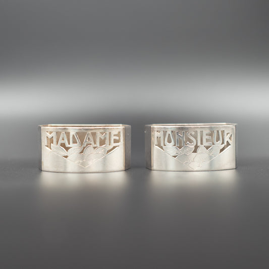 Vintage Mid-20th Century Art Deco Silver-Plated Napkin Rings | “Monsieur” & “Madame” | Set of 2