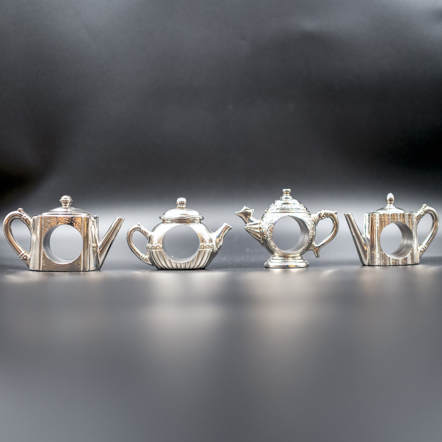 Exquisite Vintage 1990s Silver-Plated Napkin Rings | Teapots in Different Styles | Set of 4