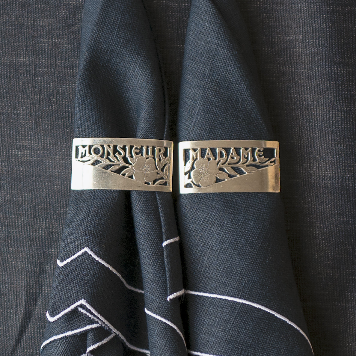 Chic Vintage Mid-20th Century Art Deco French Silver-Plated Napkin Rings | "Monsieur" and "Madame" | Set of 2