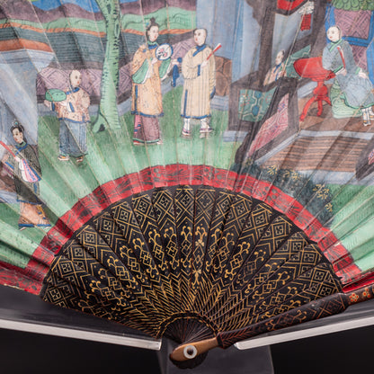 Mandarin Fan with Gilded Lacquer Sticks and Painted Silk Appliqué