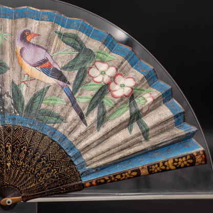 Mandarin Fan with Gilded Lacquer Sticks and Painted Silk Appliqué