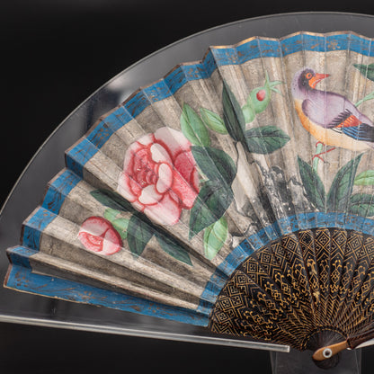 Mandarin Fan with Gilded Lacquer Sticks and Painted Silk Appliqué
