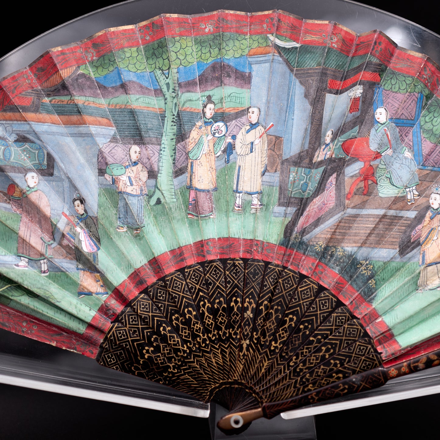 Mandarin Fan with Gilded Lacquer Sticks and Painted Silk Appliqué