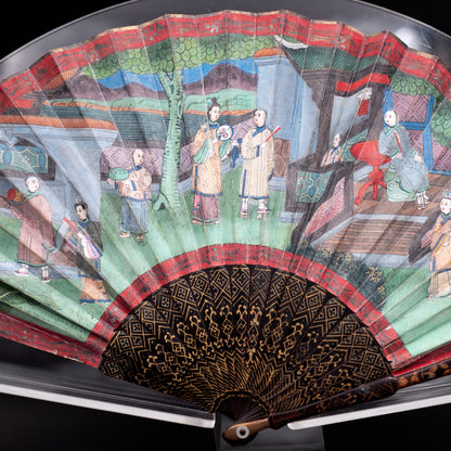 Mandarin Fan with Gilded Lacquer Sticks and Painted Silk Appliqué