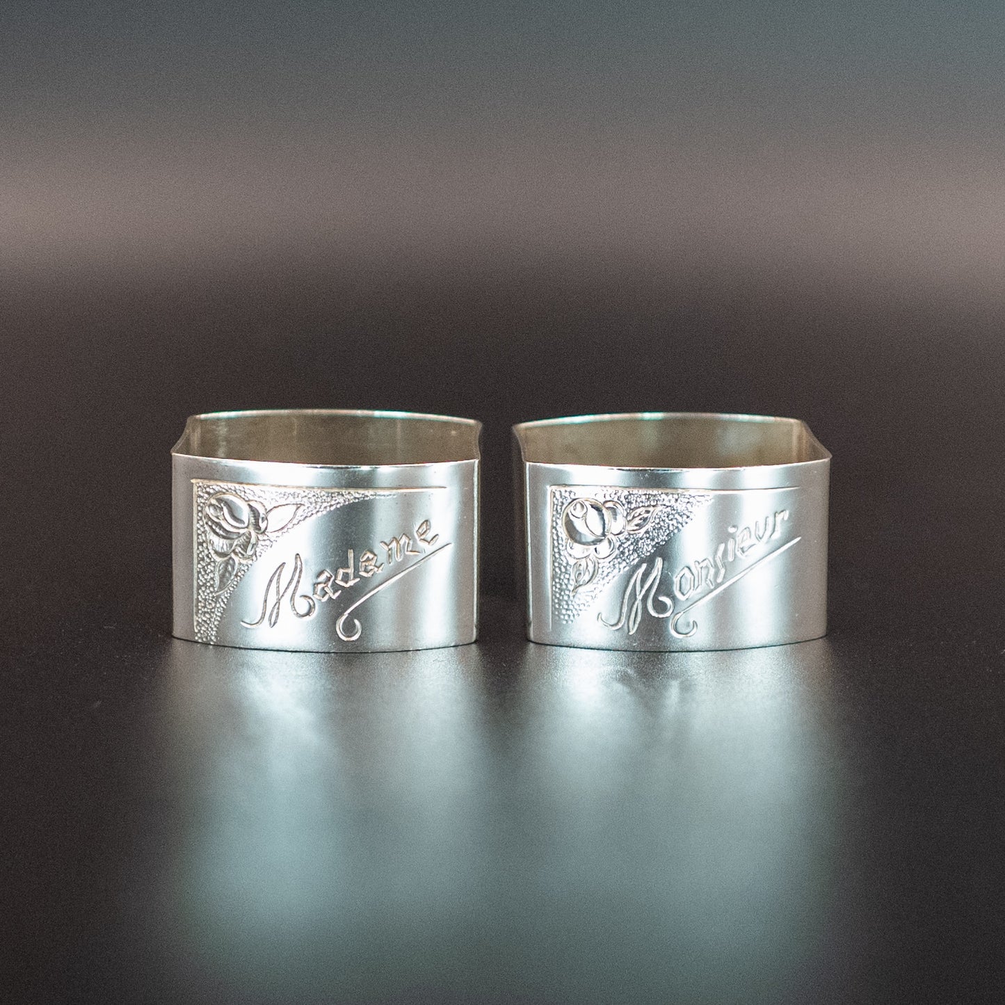 Exquisite Vintage Mid-20th Century Art Deco French Silver-Plated | "Monsieur" and "Madame" Napkin Rings | Set of 2