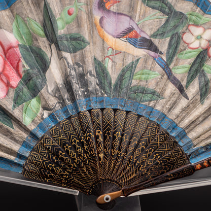 Mandarin Fan with Gilded Lacquer Sticks and Painted Silk Appliqué