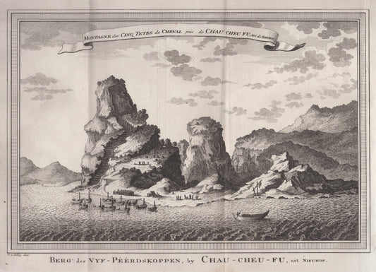 Antique 1740s Copperplate Engraving | Montagnes des Cinq Têtes de Cheval | Jacob van der Schley after Johan Nieuhof