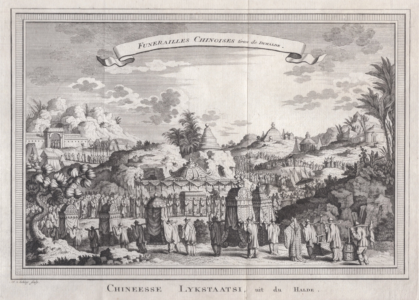 Antique 1740s Copperplate Engraving | Funerailles Chinoises | Jacob van der Schley after Johan Nieuhof