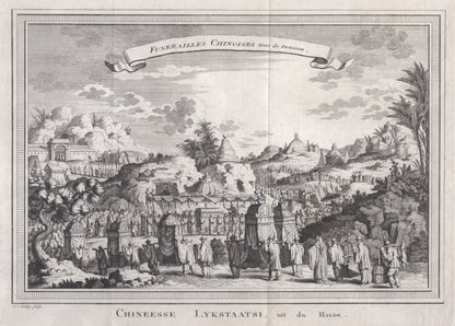 Antique 1740s Copperplate Engraving | Funerailles Chinoises | Jacob van der Schley after Johan Nieuhof