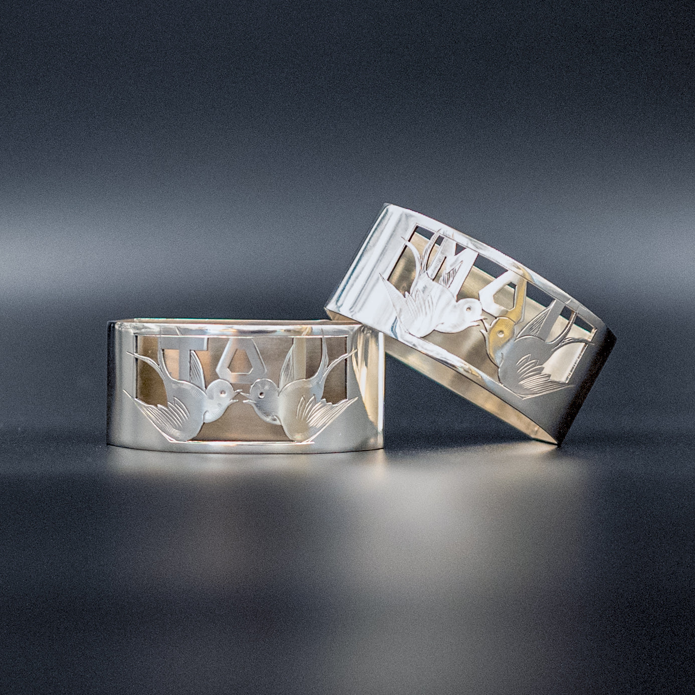 Vintage Mid-20th Century Art Deco Napkin Rings | "Toi" and "Moi" | Set of 2