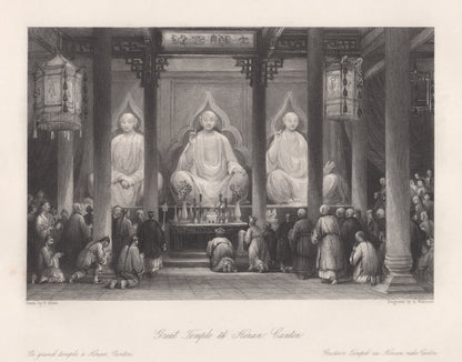 Antique 1840s Steel Engraving | Great Temple at Honan, Canton | Thomas Allom