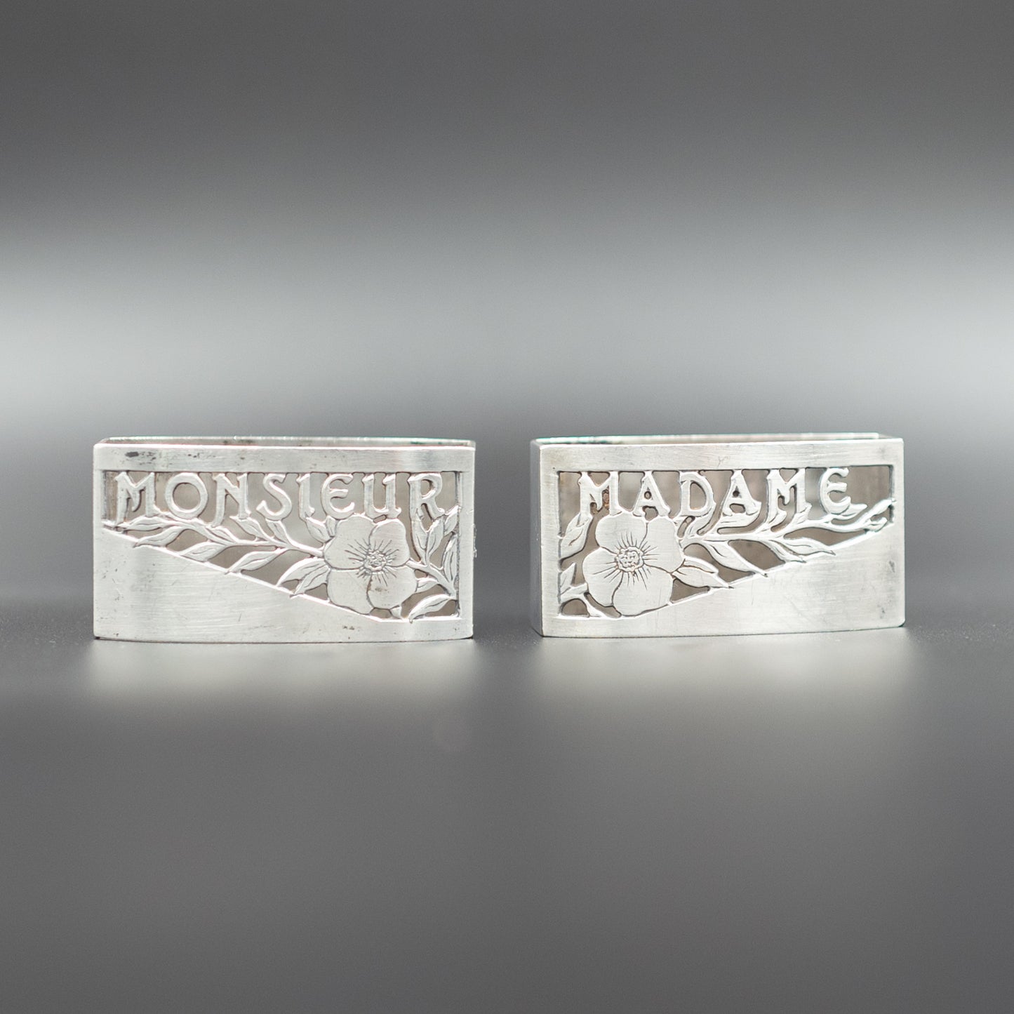 Chic Vintage Mid-20th Century Art Deco French Silver-Plated Napkin Rings | "Monsieur" and "Madame" | Set of 2