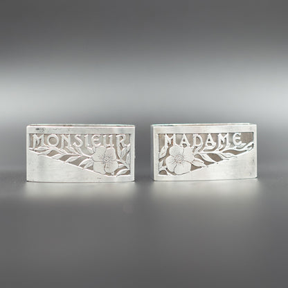 Chic Vintage Mid-20th Century Art Deco French Silver-Plated Napkin Rings | "Monsieur" and "Madame" | Set of 2