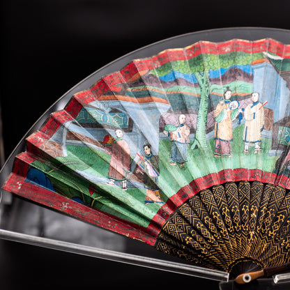 Mandarin Fan with Gilded Lacquer Sticks and Painted Silk Appliqué