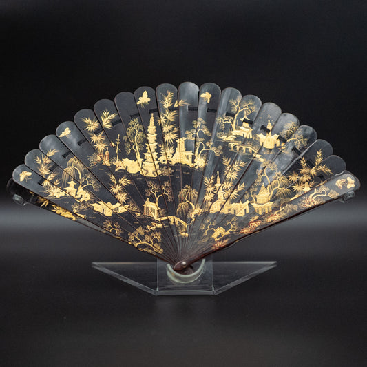 Antique 1870s Chinese Export Lacquer Brise Fan with Gilded Scenic Design