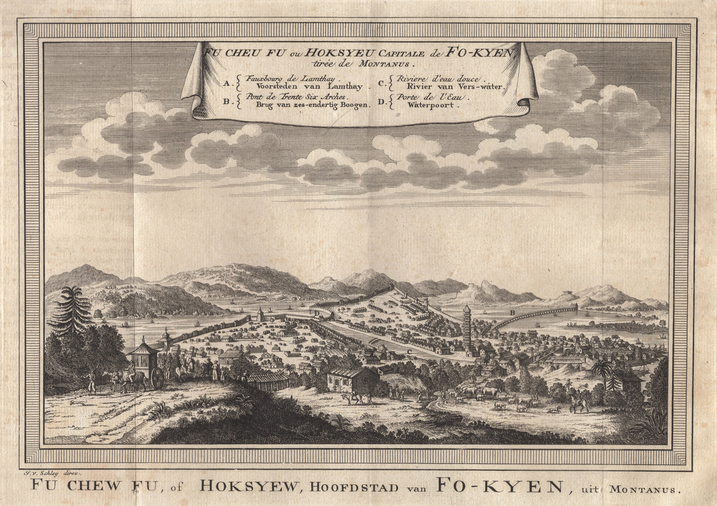Antique 1740s Copperplate Engraving | Fu Cheu Fu ou Hoksyeu Capitale de Fo-Kyen | Jacob van der Schley after Johan Nieuhof