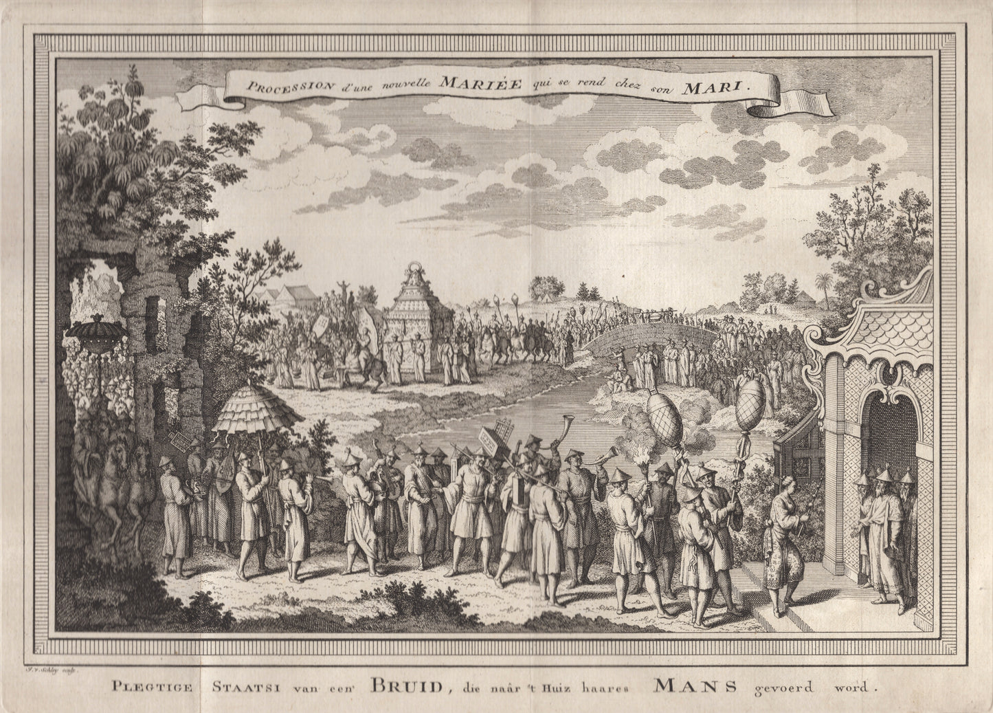 Antique 1740s Copperplate Engraving | Procession d'une nouvelle Mariée qui se rend chez son Mari | Jacob van der Schley after Johan Nieuhof