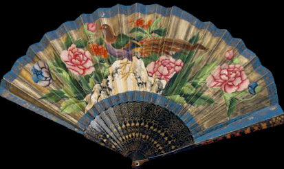 Exquisite Mandarin Fan with Gilded Lacquer Sticks and Painted Silk Appliqué
