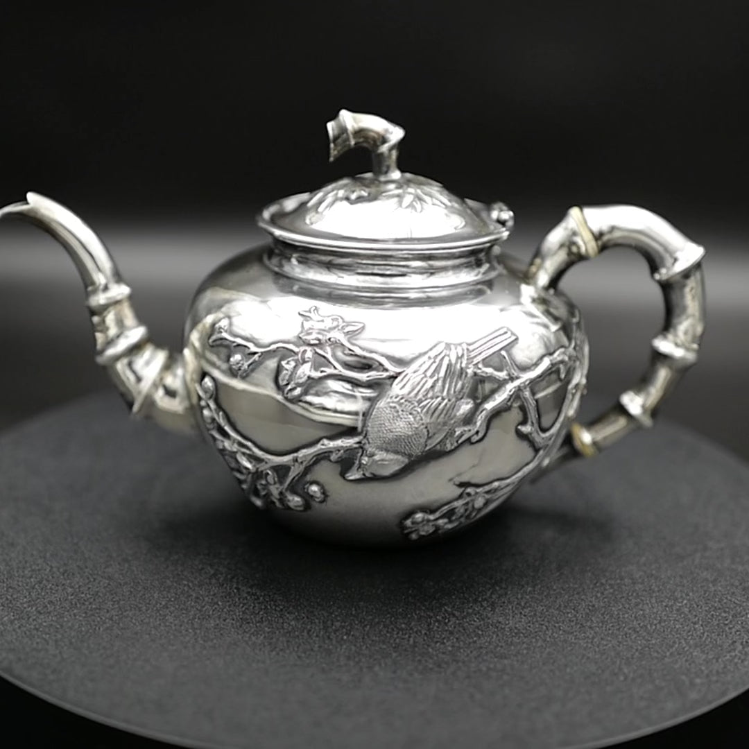 Vintage 1930s Chinese Silver Tea Set with Bamboo Handles and