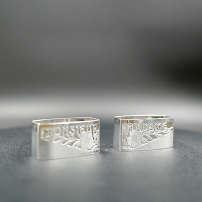 Chic Vintage Mid-20th Century Art Deco French Silver-Plated Napkin Rings | "Monsieur" and "Madame" | Set of 2